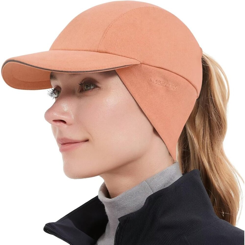 〽️Women's Orange Winter Reflective Fleece Ponytail Hat with Ear Warmers